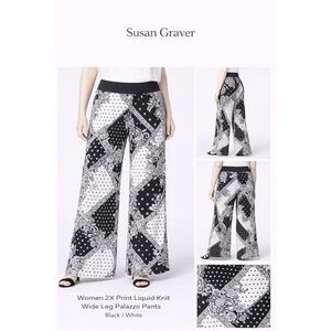Susan Graver Liquid Knit Wide Leg Palazzo Pants Black White Print Womens 2X NEW‎